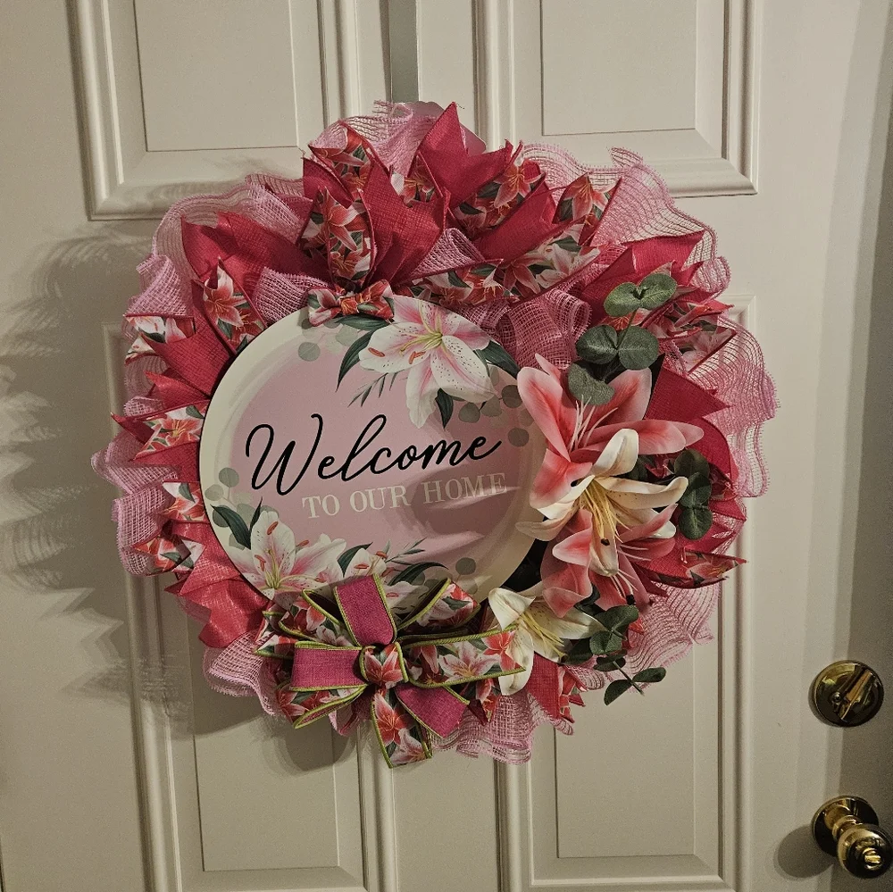 Hand Crafted Pink and Green Spring Wreath
